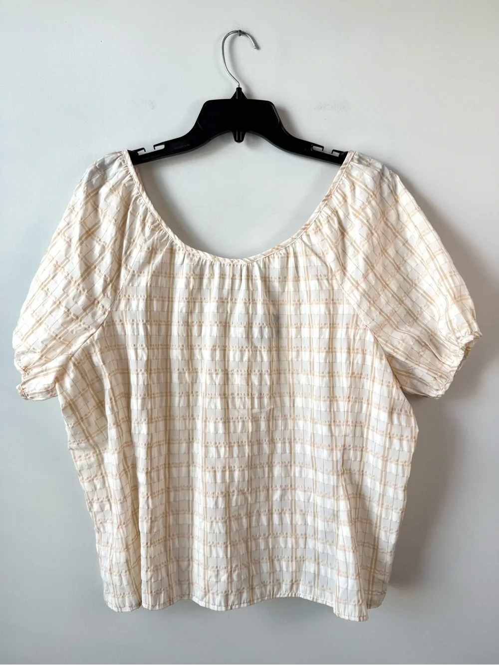 J. Crew Puff Sleeve Top Textured Plaid Beige 16